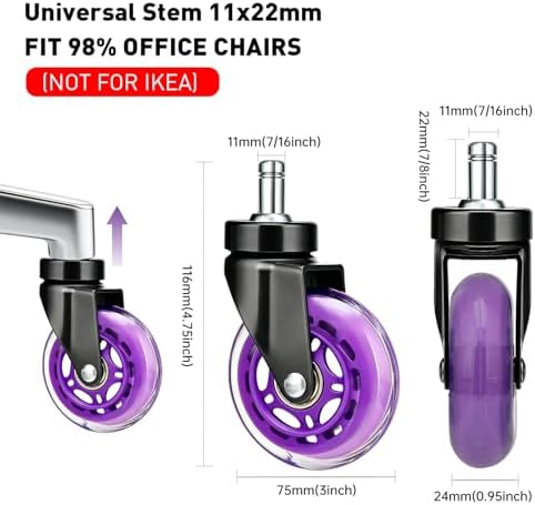 3" Office Chair Wheels (As Seen On PRC) Heavy Duty with Universal Grip Ring Stem(7/16" x7/8"),Replacement Rubber Chair Casters fits 98% Chairs for All Floors (Purple)