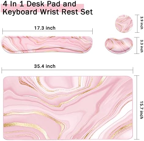 Keyboard Mouse Pad Set, Extended Mouse Pad+Keyboard Wrist Rest Support, Memory Foam Ergonomic Easy Typing, 3Pcs (35.4×15.7 in) Desk Pad Set for Home Office Study Game- Pink Gold