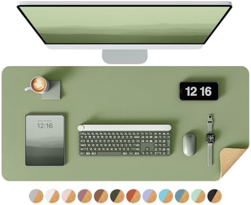 YSAGi Double-Sided Desk Pad, 35.4"x17"Leather Desk Mat, Eco Cork Desk Pad Protector,Large Mouse Pad,Waterproof Desk Blotter for Office/Home(Bamboo Green)