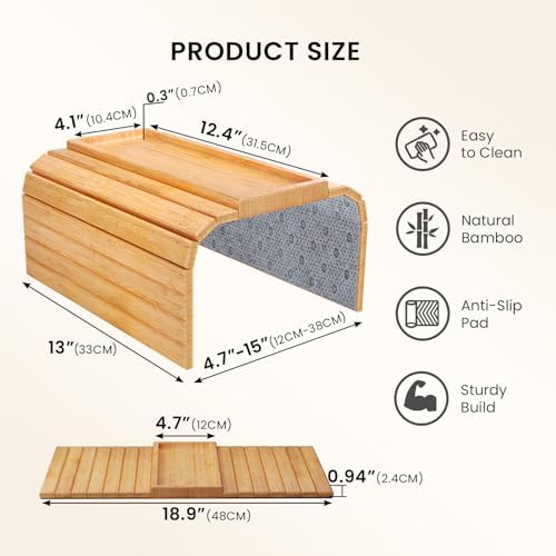 2 Pack Bamboo Folding Sofa Arm Tray with Anti-Slip Pad (Natural)