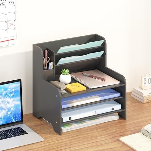 Bamboo File Organizer for Desk, Desktop Paper Tray and Mail Holder