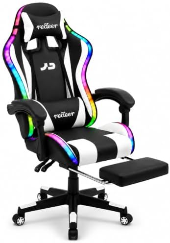 Redeer Led RGB Gaming Chair with Speakers Massage & Footrest, Reclining Gamer Chair for Adults, Video Game Chairs with Canopy, Heavy Duty Gaming Chair Massage, 350LBS White