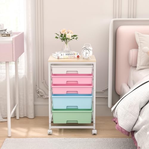 SYKIARIOL Utility Cart with 5 Drawers with Wooden Top, Rainbow