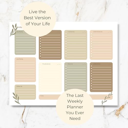 BLU MONACO | Earth Tones Weekly To-Do Notepad | 52-Sheet Tear-Off Weekly Planner with Goals & Priorities | Natural Desk Organizer with Calendar Layout
