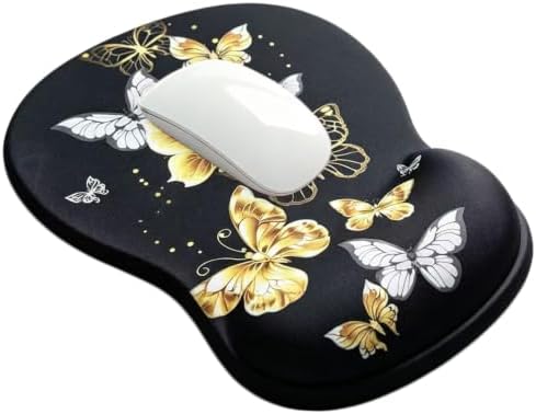 Ergonomic Mouse Pad with Gel Wrist Support, Comfortable Wrist Rest Mousepad with Non-Slip PU Base for Pain Relief, Desk, Home & Office (Golden Butterfly)