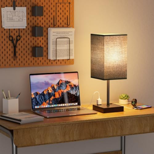 17.4" Black Bedside Table Lamp for Bedroom, Dimmable, USB C+A, 2 AC Outlets