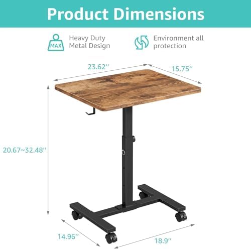 WINAZ Small Portable Laptop Rolling Desk - 24 Inch Mobile Computer Desk Adjustable Height on Wheels for Small Spaces, Couch Kids Desks End Side Table, Teacher Podium for Classroom, Rustic Brown