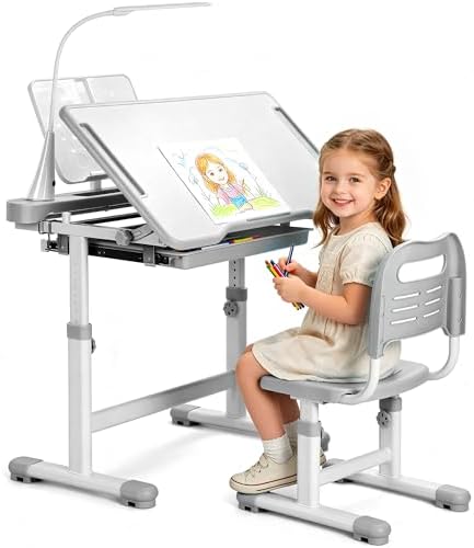 Rengue Kids Desk and Chair Set, Height Adjustable Children School Functional Study Desk with 55° Tiltable Desktop, 3 Modes & Brightness LED Light, Storage Drawer & Metal Hook for Boys Girls (Grey)