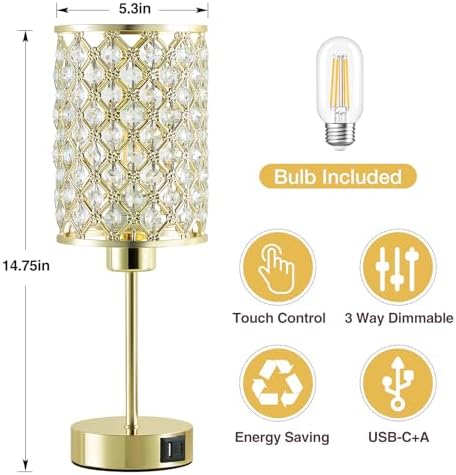 Crystal Table Lamp, Gold Touch Lamp with USB C+A Port, 3-Way Dimmable