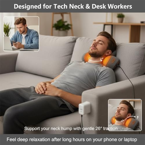 3-in-1 Neck Massager Pillow with Heat and Airbag Traction - Premium Memory Foam Neck Stretcher for Deep Tissue Muscle Relaxation, Cervical Posture Support & Shoulder Tension Relief (Gray)