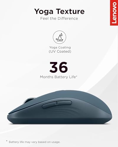 Lenovo Yoga Bluetooth Silent Mouse, 3 Level DPI Adjustment, 36 Month Battery Life, Bluetooth 5.3, 3 Device Paring, Whisper Quiet, Programmable Buttons, Smooth Finish, Tidal Teal