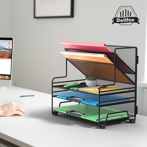 Desk File Organizer, 3-Tier Letter Tray Paper Organizer and 2-Pocket Metal Hanging Basket for Office School Classroom Organization