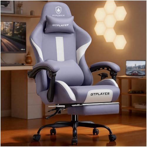 GTPLAYER Gaming Chair with Foot Rest & Pocket Spring Cushion, Ergonomic High Back Computer Desk Chair with Headrest & Lumbar Support for Back Pain Relief, Breathable Fabric, Purple