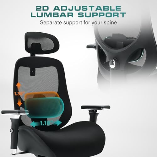 750lbs Big and Tall Office Chair with Headrest, Wide Seat, 4D Armrests Heavy Duty Ergonomic Mesh Desk Chair for Big Guys, Adjustable Lumbar Support, Thick Cushion Executive Chair for Long Hours Work