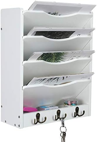 PAG-Mass 5-Tier Wall File Holder Hanging Mail Organizer Wood Magazine Literature Rack with 6 Hooks, White