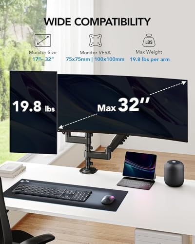 HUANUO 17-32 Inch Dual Monitor Stand, Vertical Dual Monitor Mount, Monitor Stand 2 Monitors, Ergonomic Adjustable Tilt/Swivel/Rotate, Weight Max 19.8 lbs, VESA 75/100mm (Pack of 2)