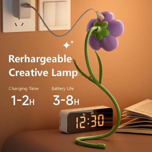 Rechargeable Flower Desk Lamp Infinite Dimming Trichromatic Temperature Adjustable Brightness Memory LED Light for Bedroom Study Office (Red,Rose)