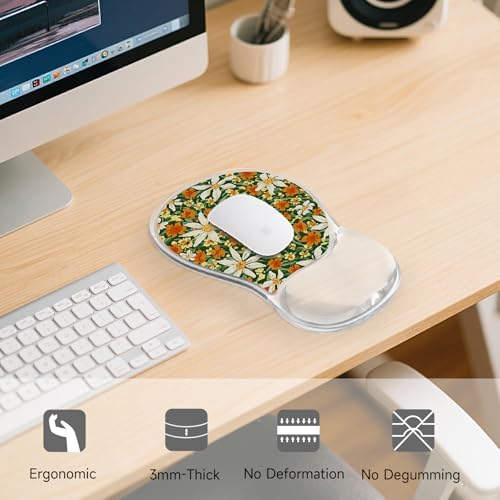 AUPET Ergonomic Mouse Pad with Gel Wrist Support – Non-Slip Mouse Mat with Comfortable Memory Gel Cushion – Relieves Wrist Pain – Designer Pattern for Home Office & Gaming (Sunny Daisy Patch)