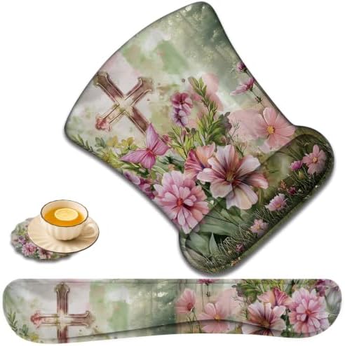 Ergonomic Keyboard Wrist Rest & Mouse Wrist Support Set with Lace Coaster, Gel Memory Foam Anti-Slip Base, Pain Relief for Typing, Cross Flowers