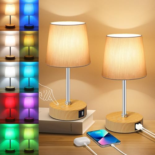 Ascher Small Bedside Table lamp Set of 2, RGB Color Changing Lamps, 3 Color Temperatures, Stepless Dimmable, Nightstand Lamp with USB C+A Ports for Bedroom Living Room, (Grey Shade, Wood Grain Base)