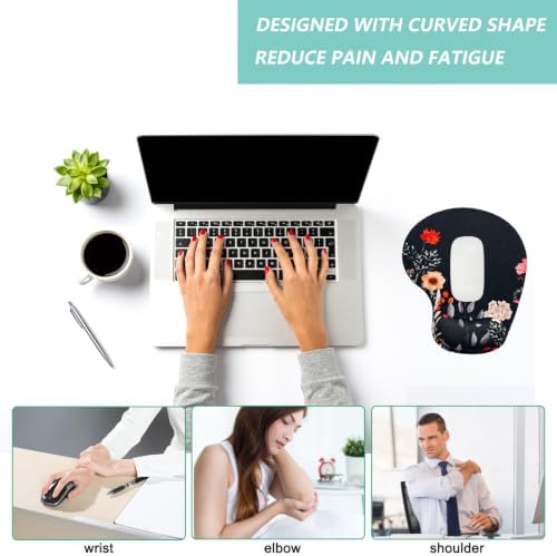 Mouse Pad with Wrist Support, Ergonomic Mouse Pads with Memory Foam Wrist Rest, Easy Typing Pain Relief, Comfortable Home Office Computer Wrist Support Pads for Working Studying Gaming, Flower Black