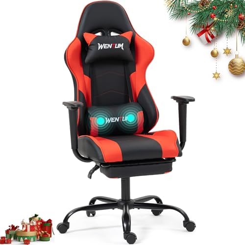 Gaming Chair with Footrest and Massage, PU Leather Video Game Computer Chair with Lumbar Support for Men Women, Home Office, Height Adjustable, Ergonomic High Back, Red
