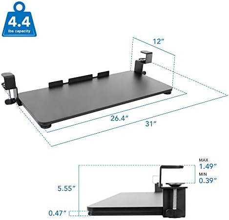 Mount-It! Clamp-On Under Desk Keyboard Tray, No-Drill Slide-Out Keyboard & Mouse Platform, 26.4" W × 11.8" D, Adjustable Ergonomic Keyboard Drawer, Fits Desks up to 1.5" Thick