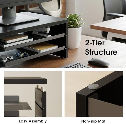 Fenge 14.3-Inch Monitor Stand with Slide-Out Trays, Wood & Metal Desk Shelf