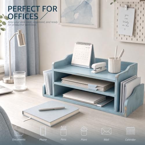 Wood Desk Organizer:File Organizer with 3-Tier Shelf for Office Desk, Blue