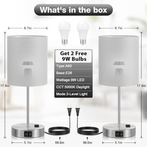 17.6" Grey Touch Lamps for Bedroom Set of 2 - Dimmable, USB C+A, AC Outlet