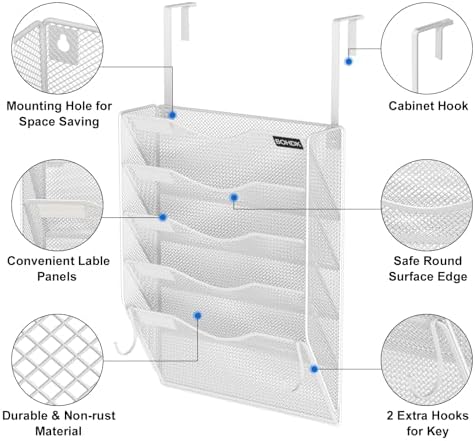 BOHDK Wall File Organizer, 5 Tire Hanging File Folder Organizer, Vertical Mesh Metal Door/Wall Mount Hanging File Holder, Paper Document Magazine Rack with Hooks for Home Office White