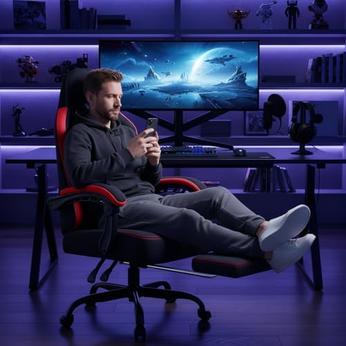 LEMBERI Gaming Chair, Fabric Big and Tall Video Game Chairs with Footrest, Massage Lumbar Support, Racing Style Ergonomic Computer Gamer Chair with Adjustable Headrest (Red)