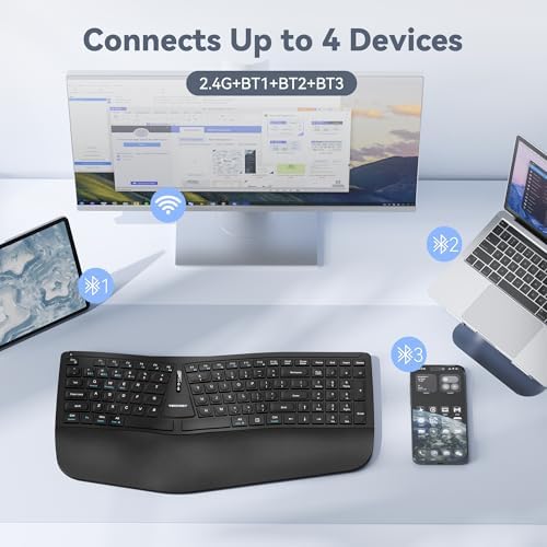 TECKNET Wireless Ergonomic Keyboard Rechargeable, 2.4G+Bluetooth Ergo Cordless USB Computer Keyboard, Wrist Rest, Natural Typing, Stain-Resistant Fabric, Compatible For Windows Computer Desktop Laptop