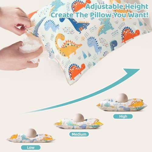 Organic Plilow with Cartoon Pillowcase - 16x22 Kids Pillow with 100% Organic Cotton Shell, Adjustable Organic Youth Pillow, Machine Washable, Soft,for Kids&Youth&Children (Dinosaur)