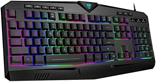 Gaming Keyboard, Full Size RGB Backlit Quiet Computer Keyboard, Wrist Rest, Silent Keys, Multimedia Keys, Anti-ghosting, Waterproof Light Up USB Wired Keyboard for PC Mac Xbox Gamer Office