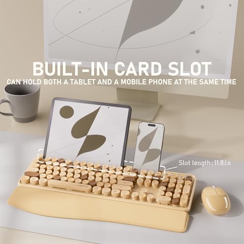 UBOTIE Wireless Keyboard and Mouse Combo, Phone Holder (Milk-Tea)