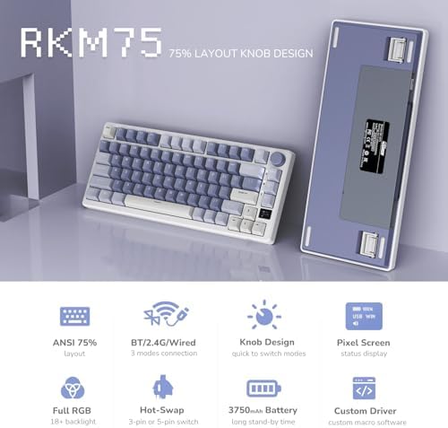 RK ROYAL KLUDGE M75 Mechanical Keyboard with OLED Smart Display and Volume Knob, 2.4G/USB-C/BT Gasket Mounted 75% Layout Wireless Gaming Keyboard with 81 Keys, RGB Backlit Hot-Swappable Red Switch