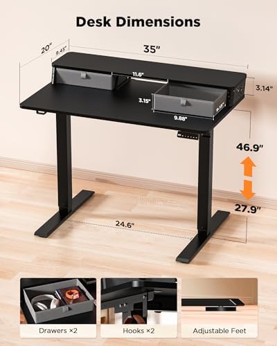 FiCiHi 35x20 Inch Electric Standing Desk, 2 Drawers, Adjustable Height Desk