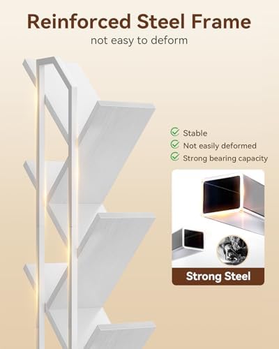 Casaottima Tree Bookshelf with LED Lights, 6-Tier Small Bookshelf, White