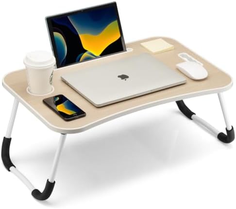 FISYOD Foldable Laptop Table, Portable Lap Desk Bed Table Tray, Laptop Stand with Cup Holder & Tablet Slot & Lifting Handle for Working Writing Drawing & Eating (Maple)