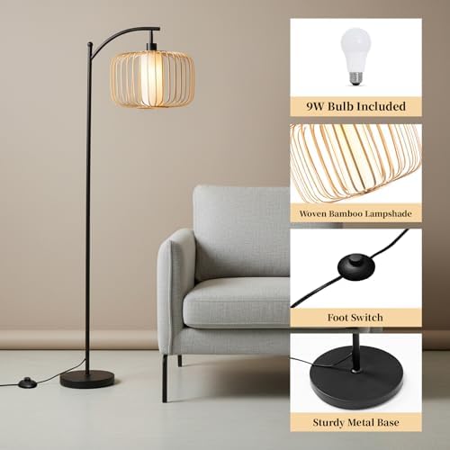 LALISU Standing Floor Lamp for Living Room, Linen Shade Floor Lamp, Brown