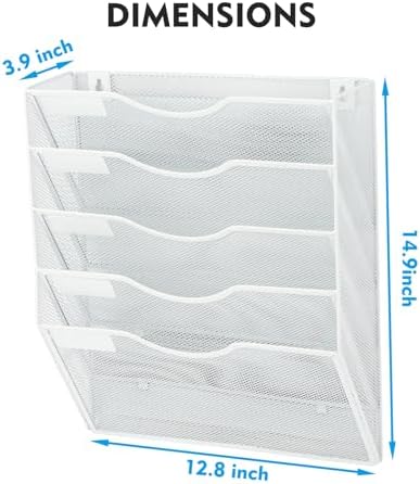 EASEPRES Magnetic 5 Pocket Mesh Hanging File Organizer, Wall Mounted Mail Paper Document Folder Holder, Clipboard Storage Organization Magazine Rack with Nametag Label for Office Home School, White