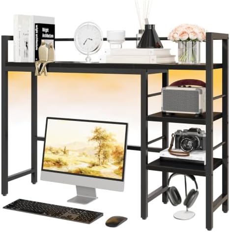 HavenlyYouth Desk Shelf with LED Light Strip, 3-Tier Storage Desktop Organizer Shelf, 38.6" Wood Desktop Bookshelf for Computer Monitor, Desk Hutch for Home Office Dorm, Black