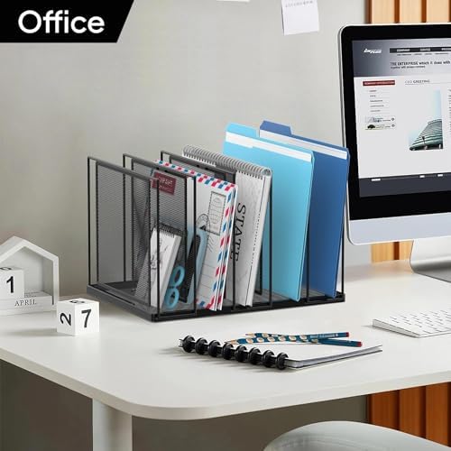 File Organizer for Desk, 5-Section Vertical File Sorter, Paper Holder Organizer Standing Metal File Folder for Office Home Classroom, Black