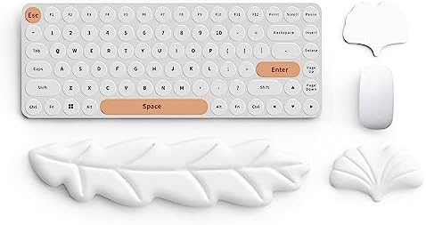Keyboard Wrist Rest Pad Set, Leaf Shape PU Leather Memory Foam Wrist Cushion Support,Mouse Wrist Rest Pad,Non-Slip Wrist Support for Easy Typing Pain Relief, White Leaf