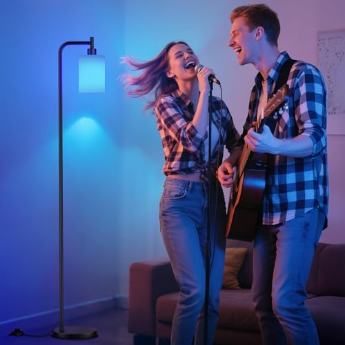 Ziisee RGB Floor Lamps for Living Room, Dimmable Industrial Standing Lamp with Remote Control for Bedroom Office Corner, 3 Colors Temperature, White Glass Shade, 9W RGB LED Bulb