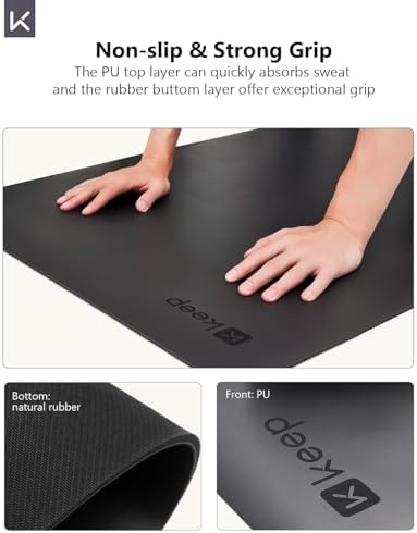 KEEP Rubber Yoga Mat - Professional Sweat Absorbent PU & Natural Rubber. Non Slip Workout Mats for Women & Men, 5mm Thick, 72"x26" Extra Long Wide Pad for Hot Yoga, Pilates, HIIT, Home Gym - Strap Included