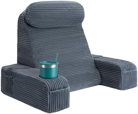 Reading Pillow for Adults, Back Pillow for Bed Sitting Up, Backrest Pillow for Sitting in Bed, Detachable Arms with Built-in Cup & Phone Caddy (Dark Gray-Corduroy, 19 INCH)