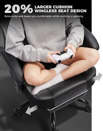 GTPLAYER Big and Tall Gaming Chair with Footrest, Ergonomic Office Desk Chair with 4.4in Thick Cushion and Wide Wingless Seat, Comfortable Leather Computer Chair, Predator Series, Gray Gradient