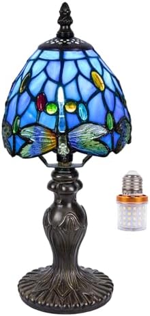 Small Tiffany Table Lamp, 3 Color-Temperature Dragonfly Stained Glass Lamp,6 Inch Tiffany Style Lamp for Bedroom Living Room Home, Handcrafted Light, Included Bulb (Blue)